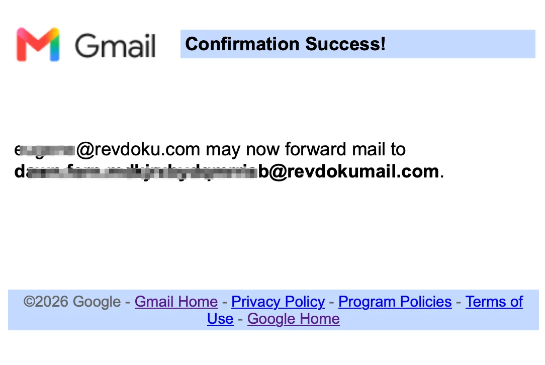Google Confirmation Success message after verifying the forwarding destination