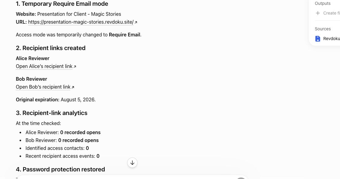 ChatGPT creates named recipient links for a protected Revdoku website