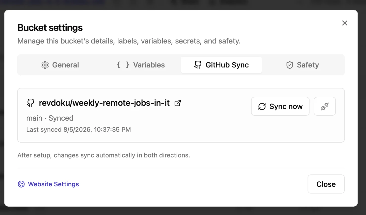 GitHub Sync tab in Revdoku Bucket Settings with a connected repository