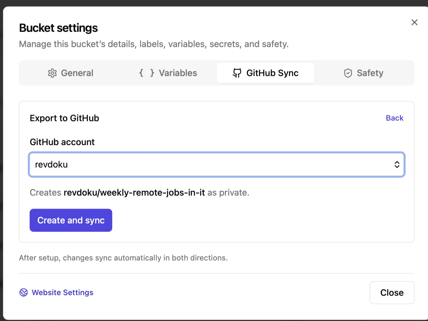 Revdoku GitHub Sync setup with repository import and bucket export choices