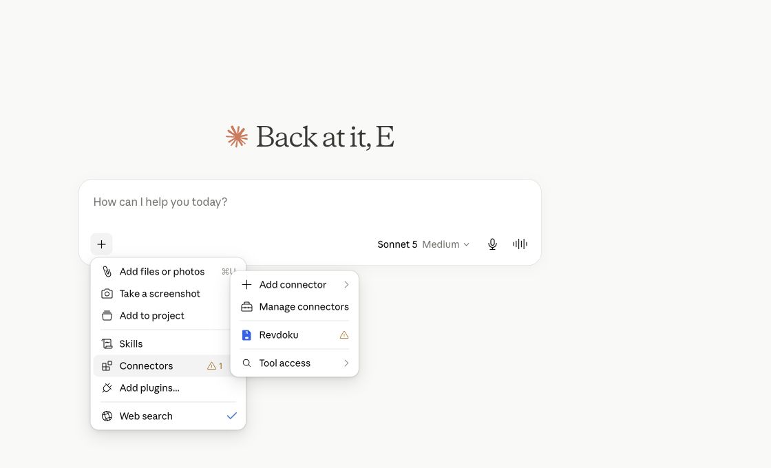 Claude can access Revdoku through its connector menu