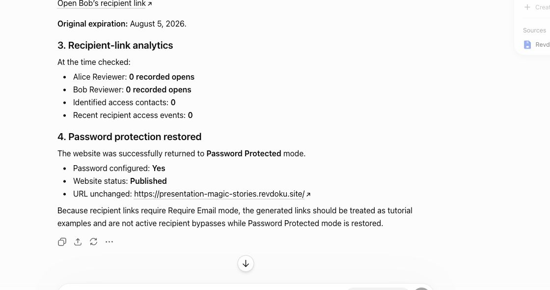ChatGPT creates recipient links and checks Revdoku analytics