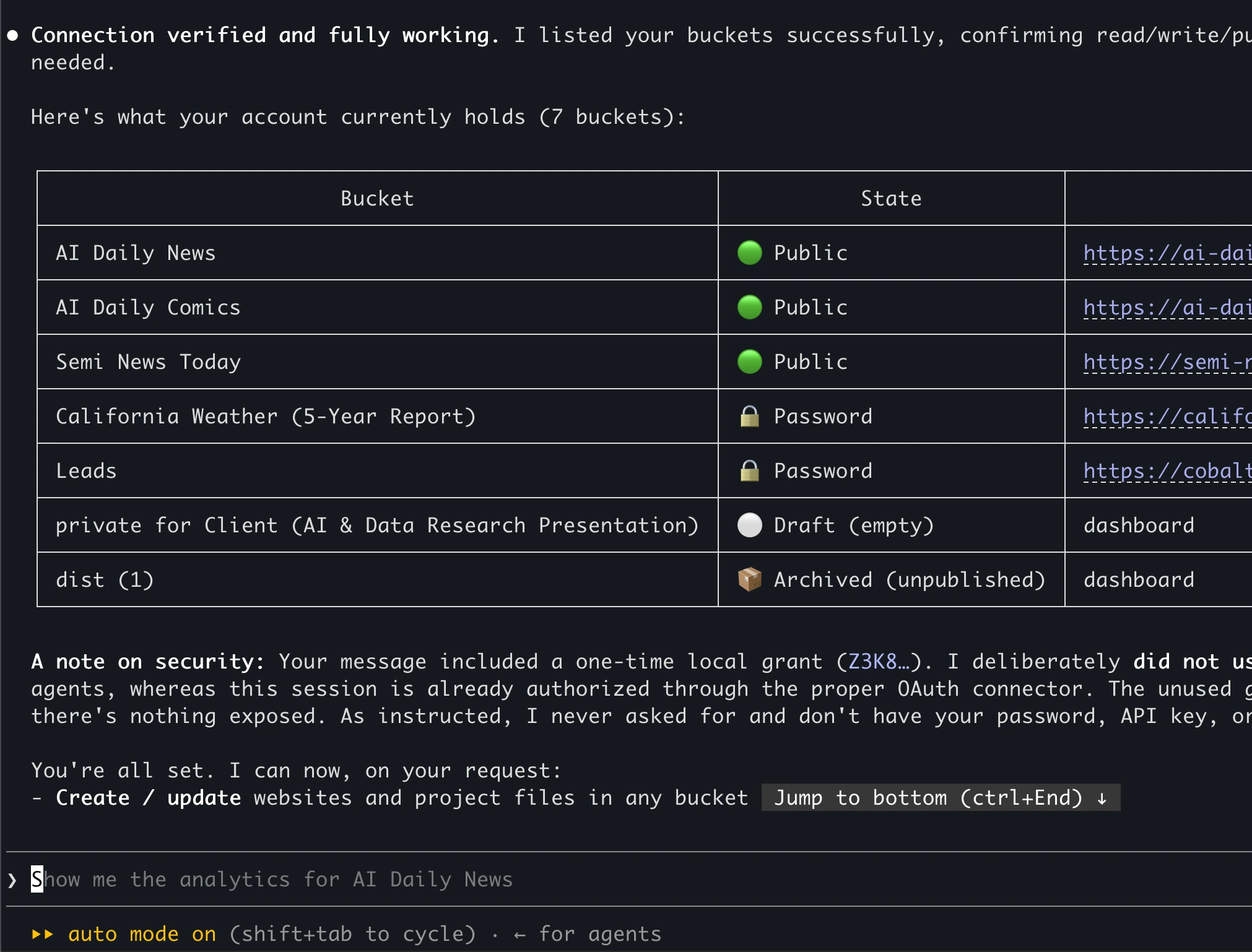 Command-line agent connected to Revdoku, listing the account buckets