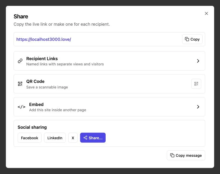 Revdoku share dialog for copying a stable live link