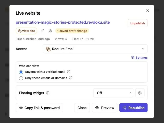 Revdoku publishing settings with Require Email access selected