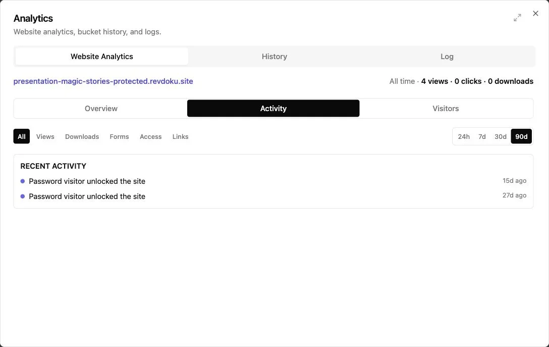Revdoku analytics activity log for a protected website