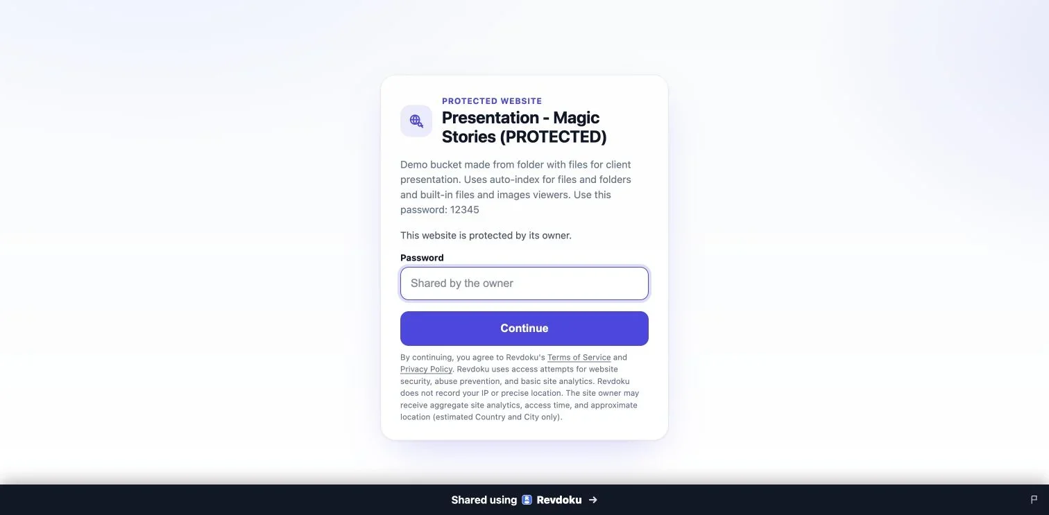 A Revdoku password gate with the demo password redacted