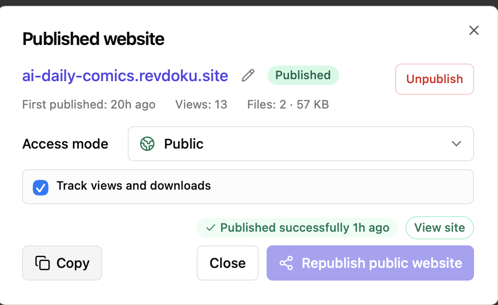Revdoku publish settings for the AI Daily Comics public website