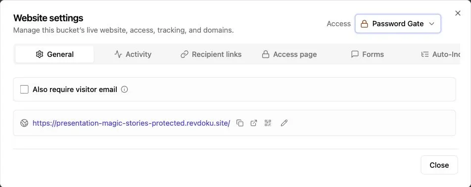 Revdoku website settings with Password Gate access selected