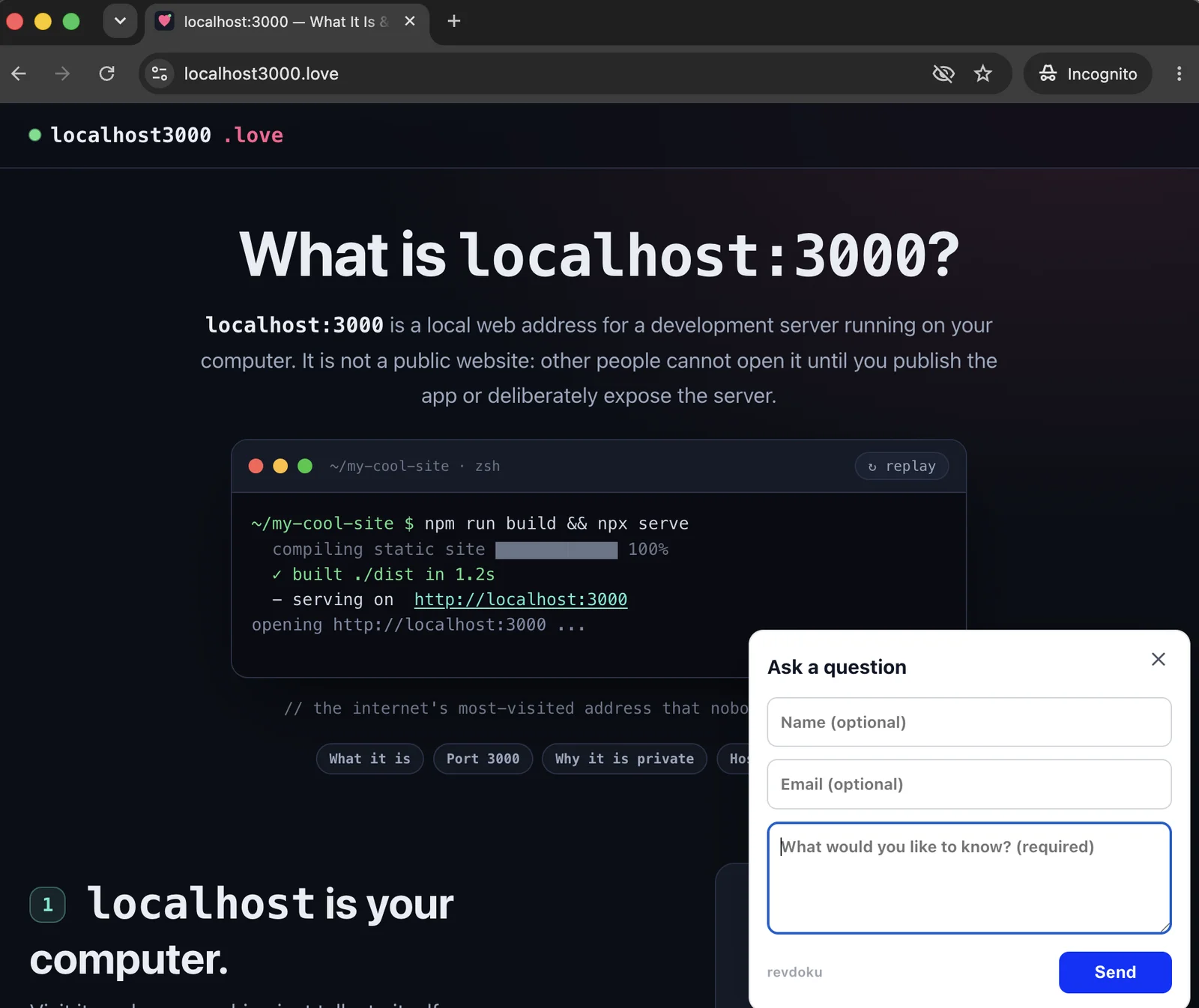 localhost3000.love landing page with its Ask a question contact widget open
