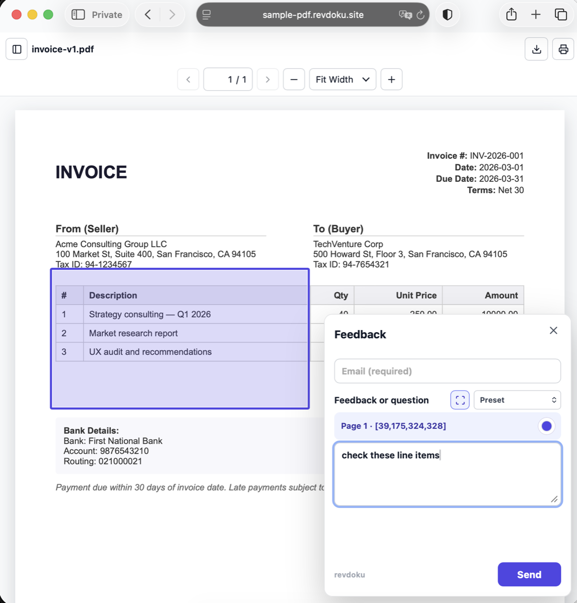 PDF website with a feedback widget