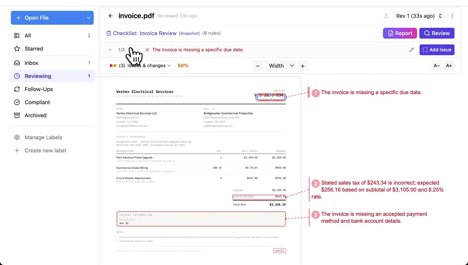 Invoice reviewed in Revdoku with 3 issues highlighted: missing due date, tax calculation error, and incomplete payment terms