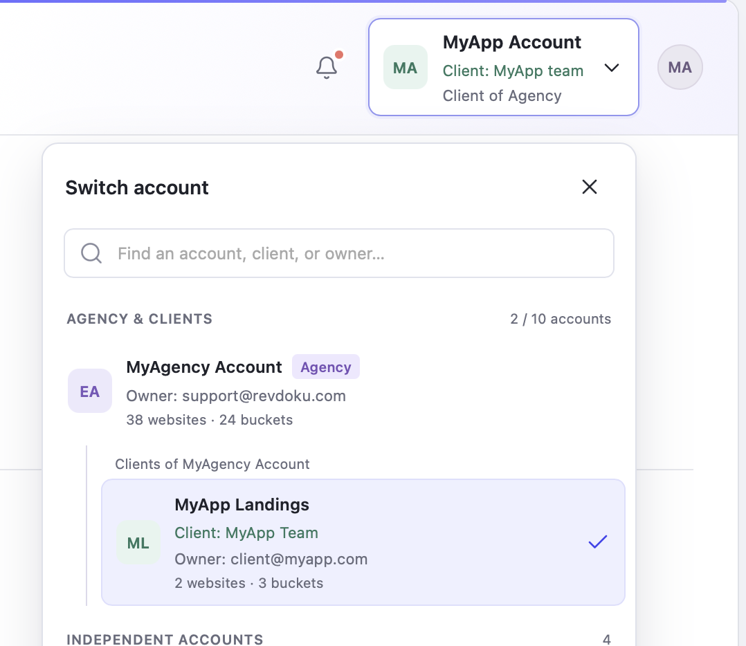 Revdoku account switcher showing an agency account and its client accounts with their shared buckets and files