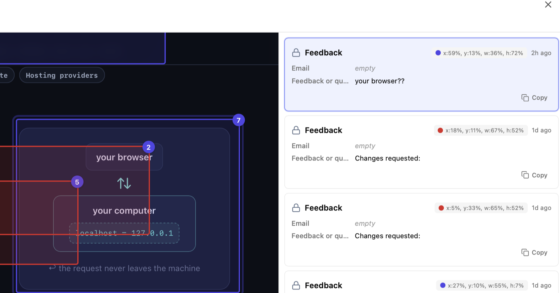 Feedback responses displayed beside a website