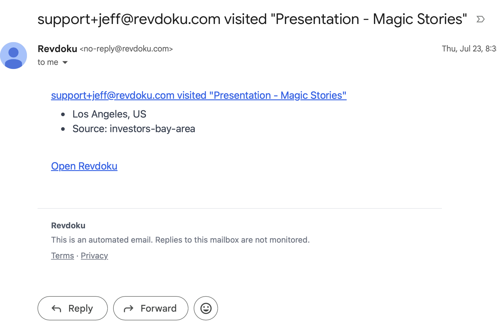 Email notification for a Revdoku website visit