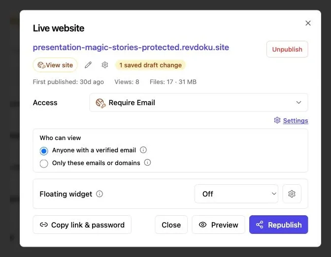 Revdoku publishing settings with verified email access selected