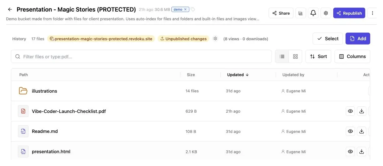 Magic Stories bucket file list and stable published URL