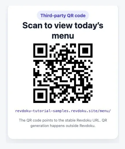 QR table card pointing to the fictional menu’s stable URL