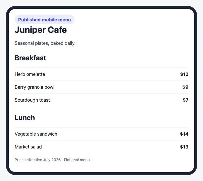 Fictional published restaurant menu in a phone-width layout