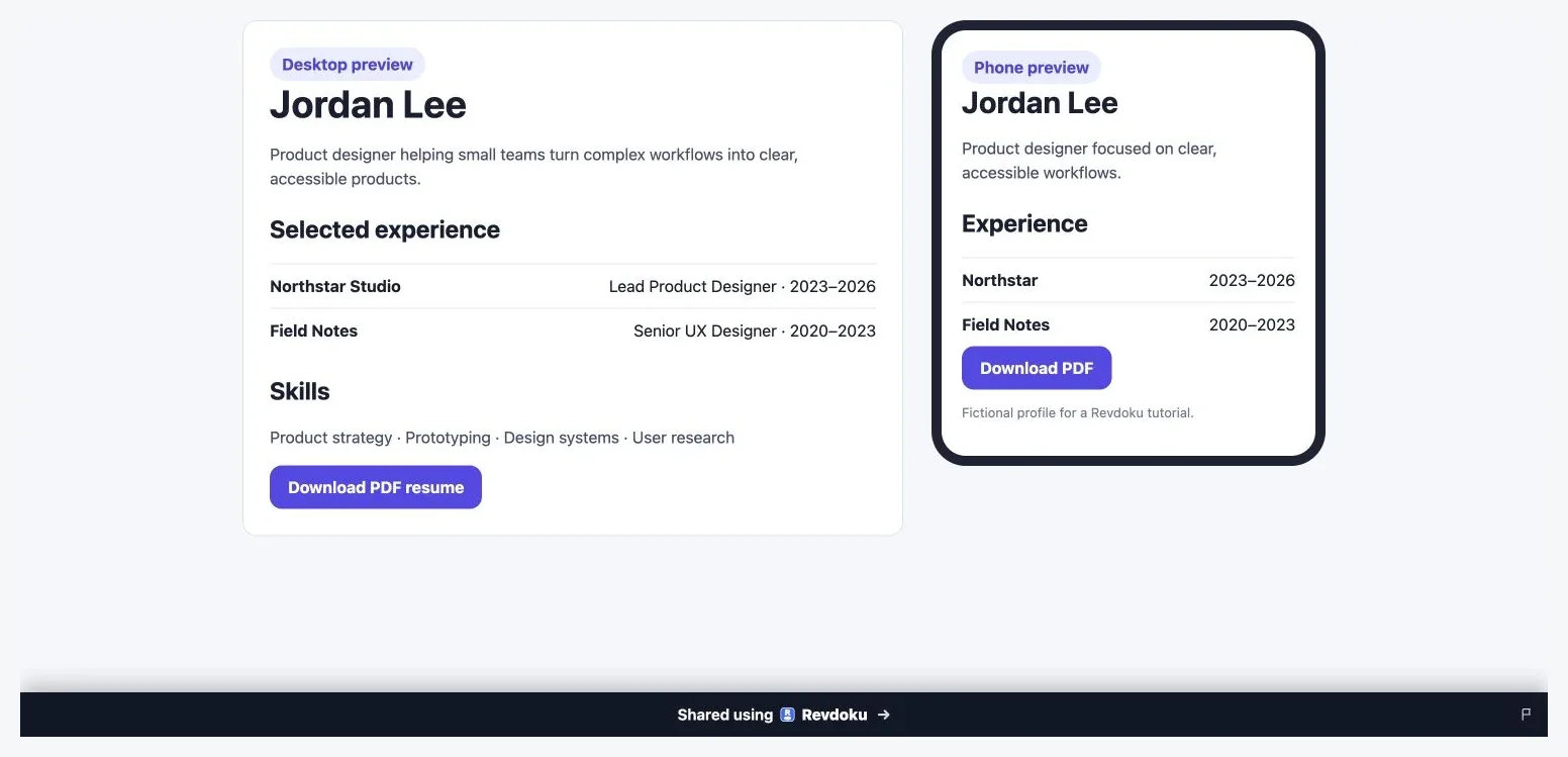 Fictional resume shown in desktop and phone layouts