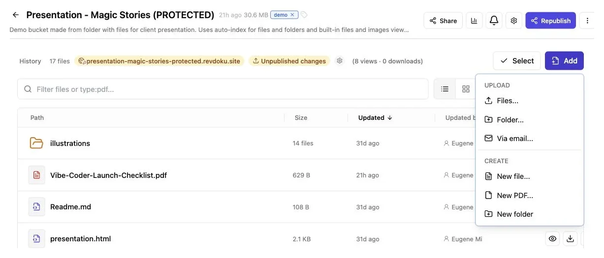 Revdoku Add menu for uploading presentation files or folders